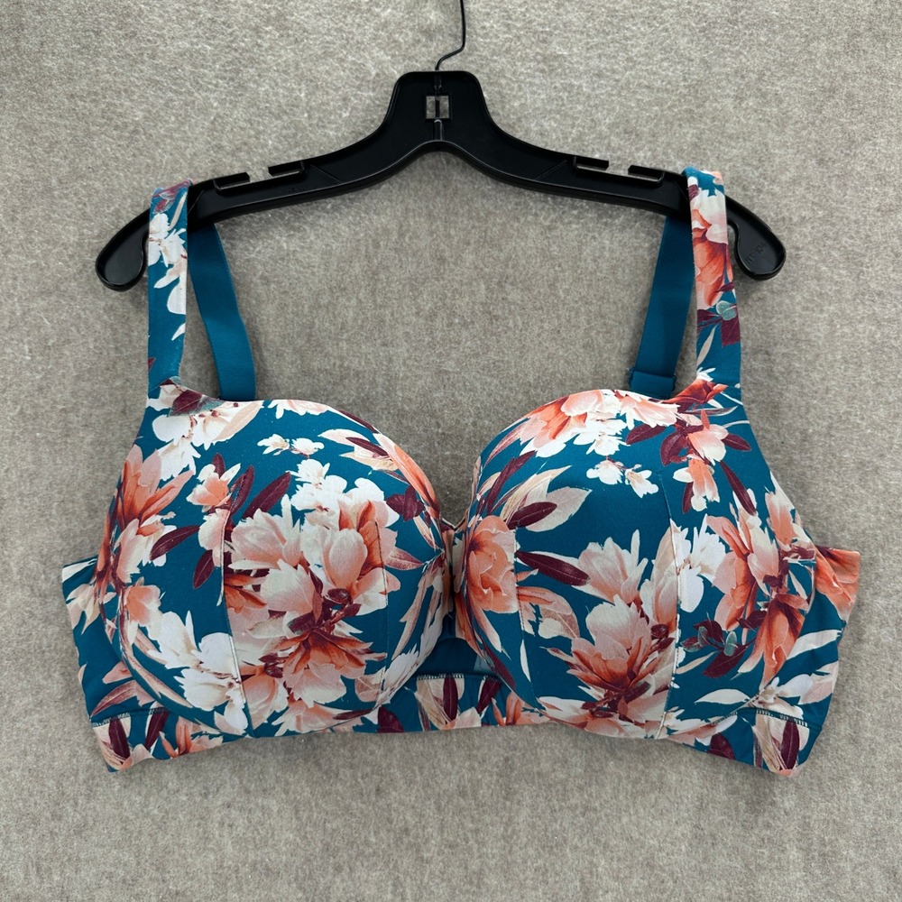 Cacique Balconette Bra Womens 42F Blue Floral Lightly Lined Underwire 1127734